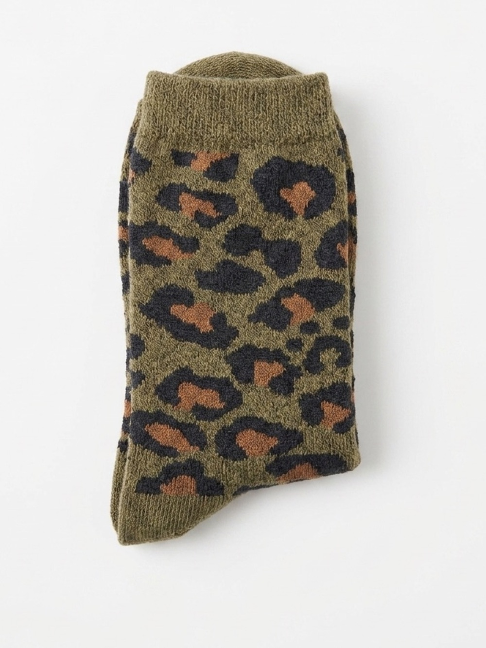 ROTOTO Japan Unisex Pile Leopard Crew Socks Dark Olive Green OSFM NEW